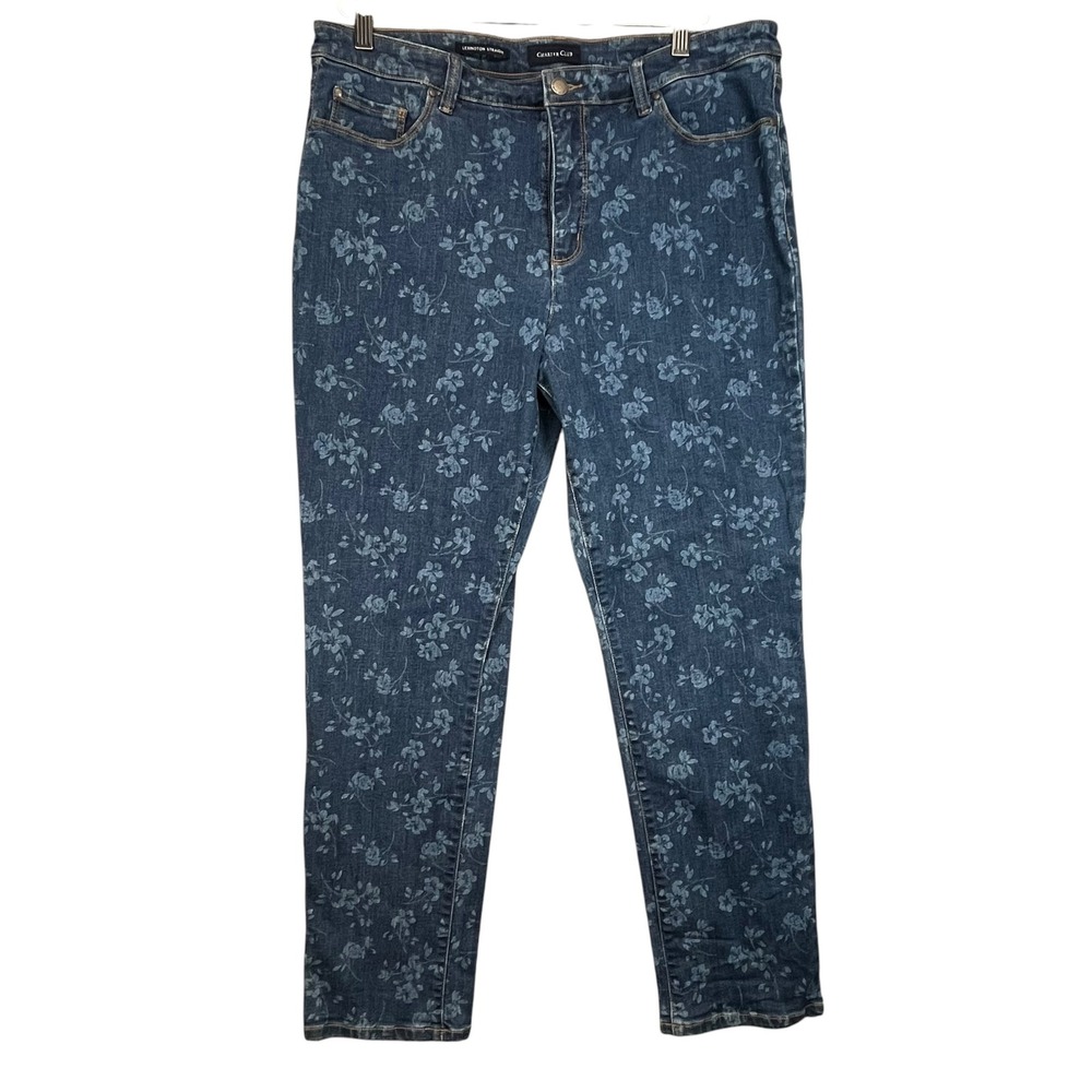 Charter Club Lexington Straight Floral Jeans Blue High Rise Size 14 Womens